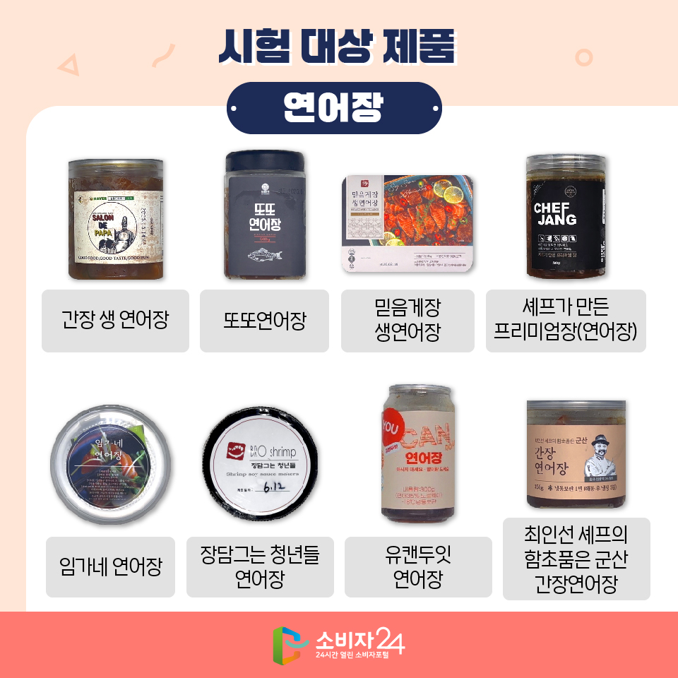  시험 대상 제품 [연어장] - 간장 생 연어장 - 또또연어장 - 믿음게장 생연어장 - 셰프가 만든 프리미엄장(연어장) - 임가네 연어장 - 장담그는 청년들 연어장 - 유캔두잇 연어장 - 최인선 셰프의 함초품은 군산 간장연어장 