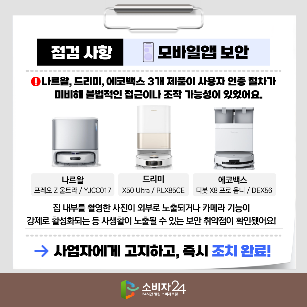 점검 사항 : 모바일앱 보안 나르왈, 드리미, 에코백스 3개 제품이 사용자 인증 절차가 미비해 불법적인 접근이나 조작 가능성이 있었어요. “집 내부를 촬영한 사진이 외부로 노출되거나 카메라 기능이 강제로 활성화되는 등 사생활이 노출될 수 있는 보안 취약점이 확인됐어요!”사업자에게 고지하고, 즉시 조치 완료!