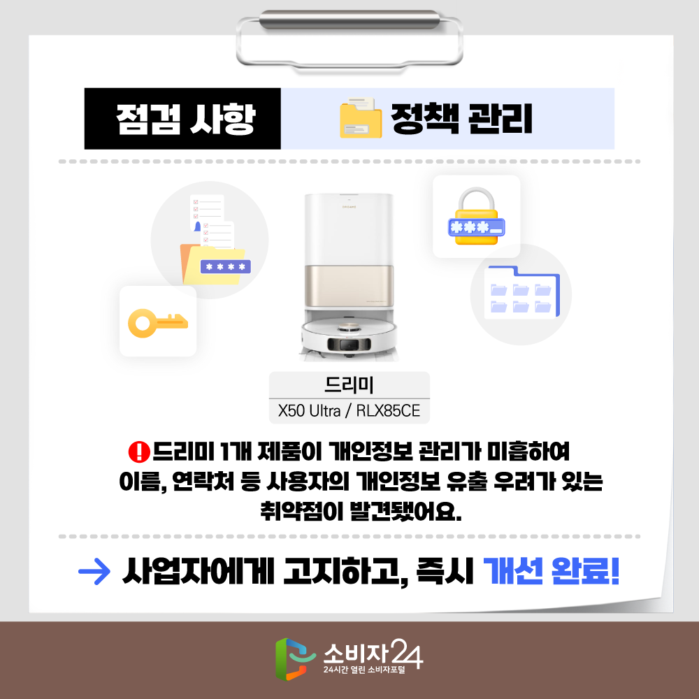 점검 사항 : 정책 관리 드리미 1개 제품이 개인정보 관리가 미흡하여 이름, 연락처 등 사용자의 개인정보 유출 우려가 있는 취약점이 발견됐어요.사업자에게 고지하고, 즉시 개선 완료!