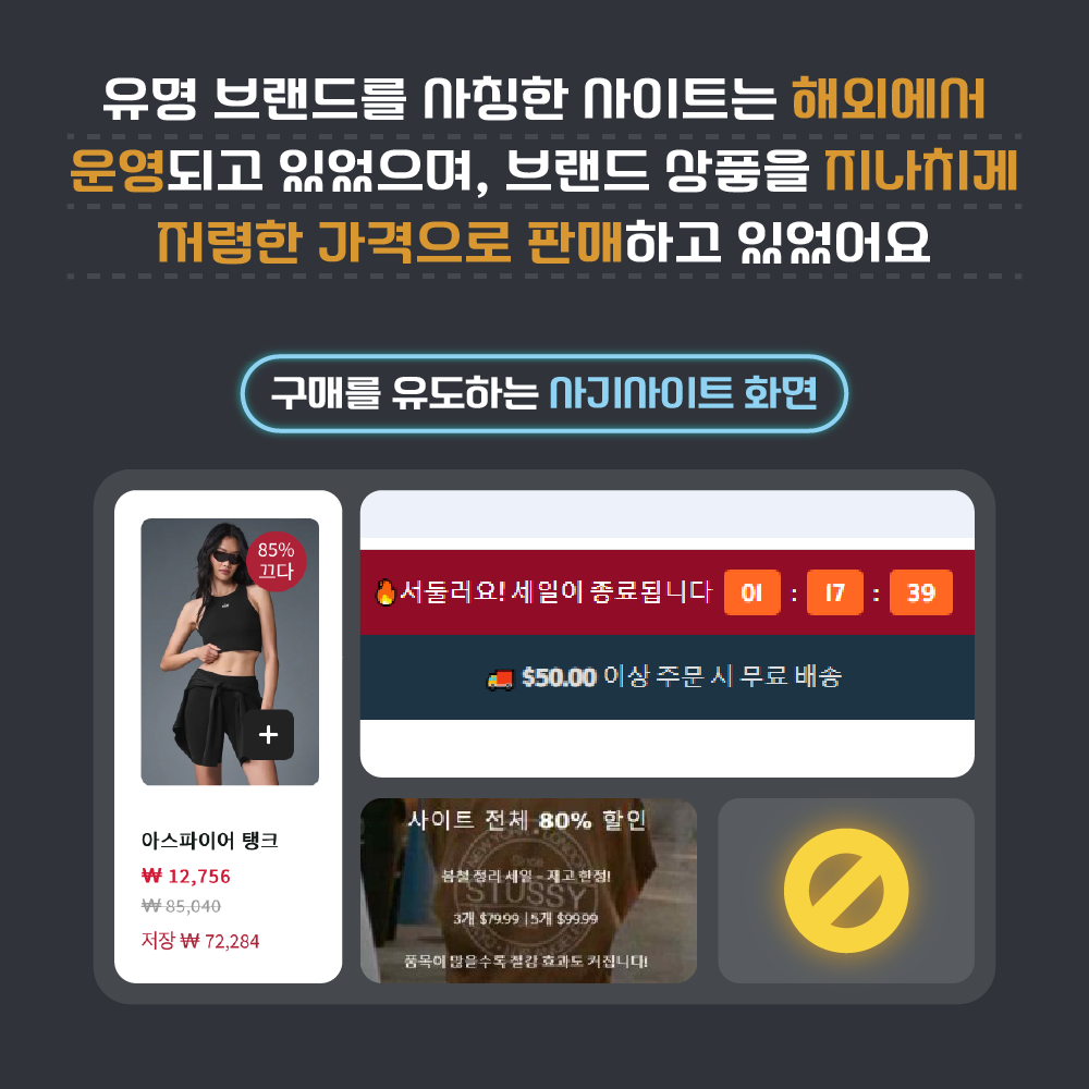 유명 브랜드를 사칭한 사이트는 해외에서 운영되고 있었으며, 브랜드 상품을 지나치게 저렴한 가격으로 판매하고 있었어요. <구매를 유도하는 사기사이트 화면>