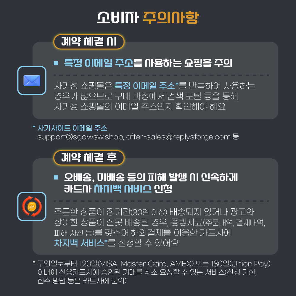 소비자 주의사항 계약 체결 시 □ 특정 이메일 주소를 사용하는 쇼핑몰 주의  ㅇ 사기성 쇼핑몰은 특정 이메일 주소*를 반복하여 사용하는 경우가 많으므로 구매 과정에서 검색 포털 등을 통해 사기성 쇼핑몰의 이메일 주소인지 확인해야 해요. * 사기사이트 이메일 주소 : support@sgawsw.shop, after-sales@replysforge.com 등
