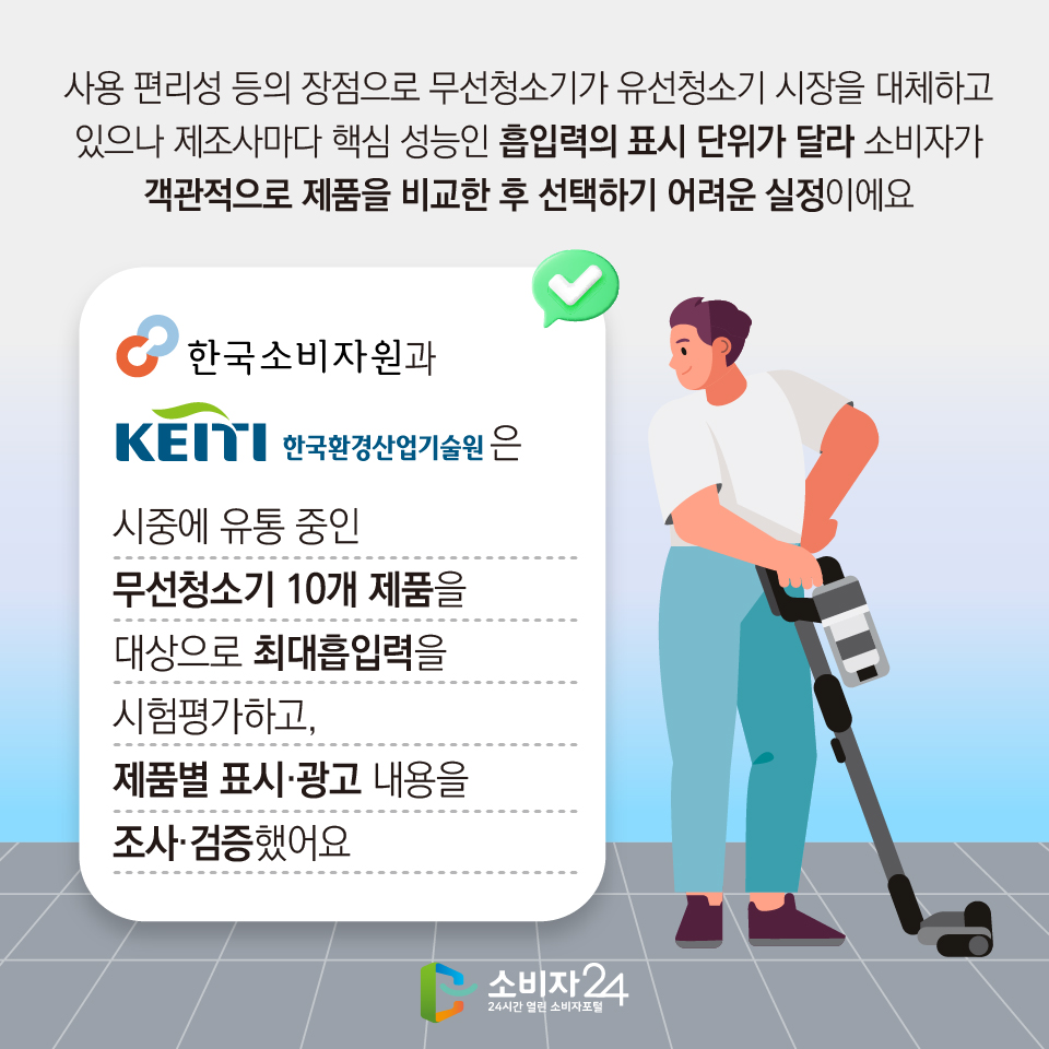 사용 편리성 등의 장점으로 무선청소기가 유선청소기 시장을 대체하고 있으나 제조사마다 핵심 성능인 흡입력의 표시 단위가 달라 소비자가 객관적으로 제품을 비교한 후 선택하기 어려운 실정이에요. 한국소비자원과 한국환경산업기술원은 시중에 유통 중인 무선청소기 10개 제품을 대상으로 최대흡입력을 시험평가하고, 제품별 표시·광고 내용을 조사·검증했어요
