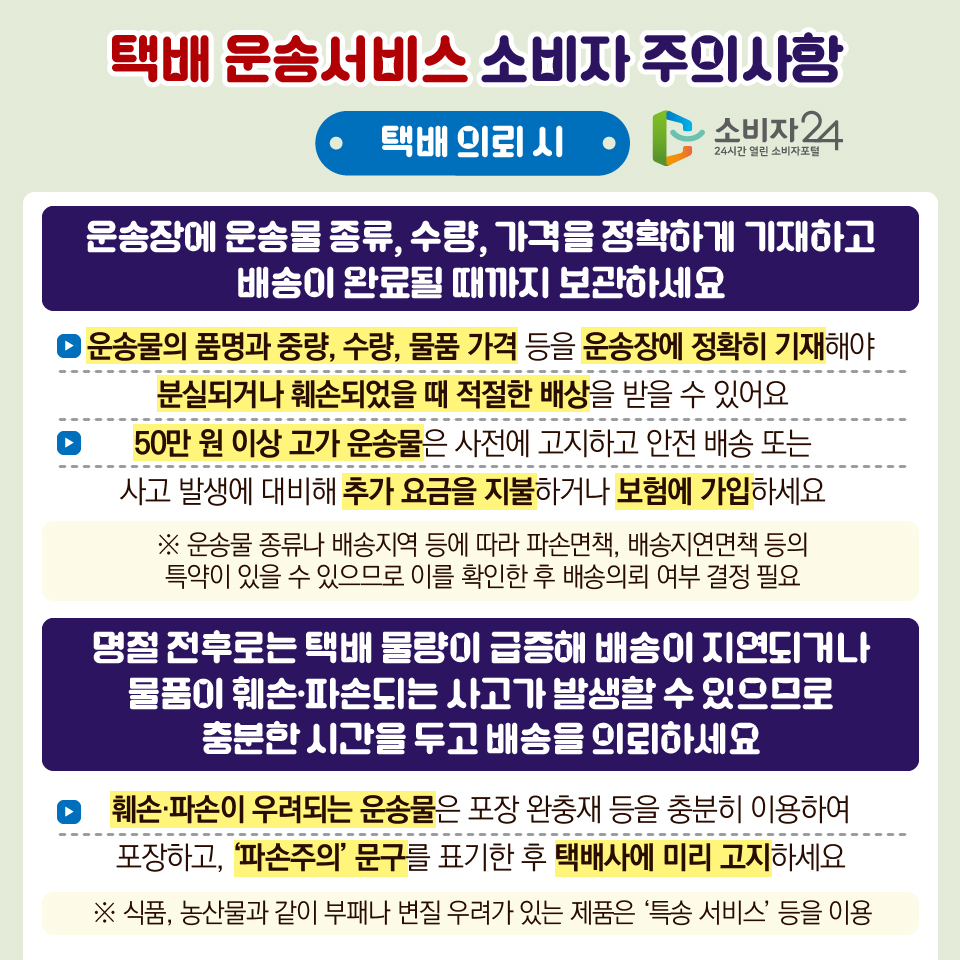 택배 운송서비스 소비자 주의사항 [택배 의뢰 시] 1) 운송장에 운송물 종류, 수량, 가격을 정확하게 기재하고 배송이 완료될 때까지 보관하세요 -   운송물의 품명과 중량, 수량, 물품 가격 등을 운송장에 정확히 기재해야 분실되거나 훼손되었을 때 적절한 배상을 받을 수 있어요 - 50만 원 이상 고가 운송물은 사전에 고지하고 안전 배송 또는 사고 발생에 대비해 추가 요금을 지불하거나 보험에 가입하세요 ※ 운송물 종류나 배송지역 등에 따라 파손면책, 배송지연면책 등의 특약이 있을 수 있으므로 이를 확인한 후 배송의뢰 여부 결정 필요 2) 명절 전후로는 택배 물량이 급증해 배송이 지연되거나 물품이 훼손·파손되는 사고가 발생할 수 있으므로 충분한 시간을 두고 배송을 의뢰하세요 - 훼손·파손이 우려되는 운송물은 포장 완충재 등을 충분히 이용하여 포장하고, ‘파손주의’ 문구를 표기한 후 택배사에 미리 고지하세요 ※ 식품, 농산물과 같이 부패나 변질 우려가 있는 제품은 ‘특송 서비스’ 등을 이용