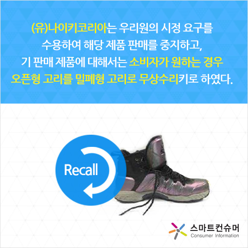 (유)나이키코리아 신발끈 고리 무상수리 조치 안내 | 안전정보 | 상품·안전정보 | 소비자24 소비자24(옛 행복드림 열린소비자포털)