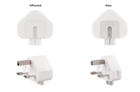 Apple 3구 교류플러그 어댑터(영국 스타일 G 타입) - 영국, 싱가폴 그리고 홍콩에서 사용할 수 있도록 설계되었고, 2003년부터 2010년 사이에 제조되었으며, 대략 2003년 1월부터 2015년 1월 사이에 Mac과 특정 iOS 기기의 주문자 상표 부착 제품 및  Apple 여행용 어댑터 키트의 일부로 유통됨 [해당 플러그 어댑터는 흰색이고, Apple 전력 어댑터와 부착되는 내부슬롯에 아무런 글씨가 없습니다. 문제가 없는 새 플러그 어댑터는 흰색이며, 전력 어댑터와 부착되는 내면 부분은 회색입니다. 참고: Apple USB 전력 어댑터는 이 리콜과 무관합니다.]
