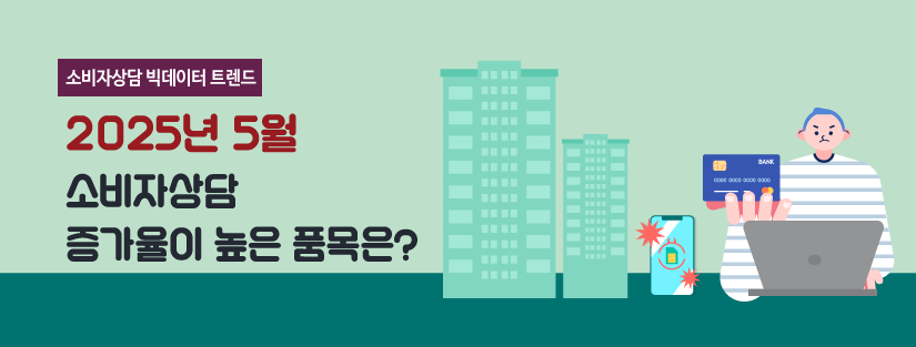  한국소비자원 소비자정보국에서 알려주는 2025년 5월 전년 동월 대비 소비자상담 증가율이 높은 품목은? 1) 아파트 : 모델하우스와 실제 시공물 간의 차이가 크다는 소비자 상담이 많았어요 2) 신용카드 : 발급 요청하지 않은 카드가 배송 중 이라는 스미싱 피해 관련 소비자상담이 대부분이었어요 3) 인터넷 교육서비스  : 특정 사업자의 갑작스러운 파산 선언 및 연락두절 등으로 인한 환급 관련 소비자상담이나, 강의 구독 후 중도 해지 시 과도한 위약금을 요구한다는 소비자 상담이 많았어요
한국소비자원 소비자정보국에서 알려주는 2025년 5월 전월 대비 소비자상담 증가율이 높은 품목은? 1) 에어컨 : 냉방 불량 및 설치 하자에 대하여 과도한 수리비를 요구한다는 소비자 상담이 많았어요 2) 이동통신 : 유심(USIM) 해킹 사고 관련 소비자상담이 많았어요
소비자 피해가 발생하면, 거래내역, 증빙서류 등을 갖추어 상담 또는 피해구제를 신청할 수 있어요 1372 소비자상담센터 국번없이 1372(발신자부담) www.ccn.go.kr 소비자24 인터넷, 모바일앱으로 간편하게 www.consumer.go.kr