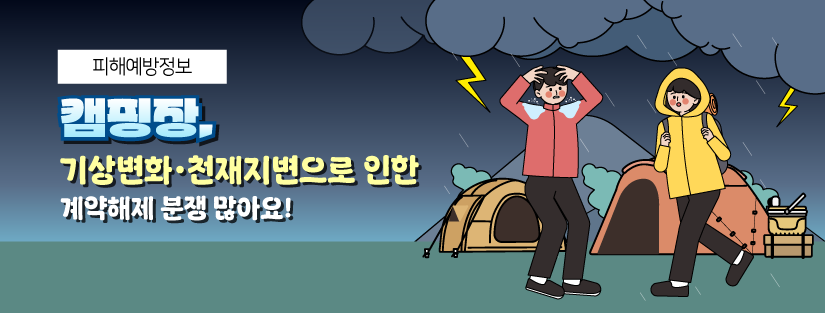 캠핑장, 기상변화ㆍ천재지변으로 인한 계약해제 분쟁 많아요
2020년부터 2024년까지 최근 5년간 한국소비자원에 접수된 캠핑장 관련 피해구제 사건은 총 327건으로, 매년 꾸준히 발생하고 있어요.   
* 5년간 피해구제 건수 : (’20년) 72건 → (’21년) 52건→ (’22년) 54건 → (’23년) 72건 → (’24년) 77건 
[ 캠핑장 관련 주요 피해유형 ]
계약해제 및 위약금 183건(55.9%) 청약철회 거부 63건(19.3%) 계약불이행 51건(15.6%) 부당행위 15건(4.6%) 기타 15건(4.6%) 
[ ‘계약해제’ 관련 세부사유별 현황 ] (단위 : 건, %) 
1 기상변화 및 천재지변 등 61 33.3
2 소비자 사유로 인한 취소··환불기준 불만 57 31.2
3 감염병 35 19.1
4  사업자 사유로 인한 취소·환불기준 불만 27 14.8
5  기타 3 1.6
계 183 100.0
최근 우리나라에 기상변화로 인한 갑작스러운 폭우ㆍ폭설 등이 잦아지면서 캠핑장 계약 취소 시 사업자의 환불 거부나 위약금 분쟁이 많아진 것으로 보여요.
 ‘소비자분쟁해결기준(숙박업)’에는 기후변화, 천재지변으로 소비자가  숙박지역 이동 또는 숙박시설 이용이 불가한 경우, 당일 취소 시에도 사업자가 계약금을 환급하도록 규정하고 있어요. 하지만, 실제 피해사례를 분석한 결과 캠핑장에 강풍ㆍ폭우와 관련된 계약해제 기준이 아예 없거나, ‘소비자분쟁해결기준’과 달리 소비자에게 위약금을 부과하는 기준을 두고 있었어요.
한국소비자원은 한국관광공사와 협업해 전국 4,000여 개 캠핑장 사업자를 대상으로 피해사례 공유 및 ‘소비자분쟁해결기준’ 내용을 확산하여 소비자피해를 예방하고 거래환경을 개선할 예정이랍니다!