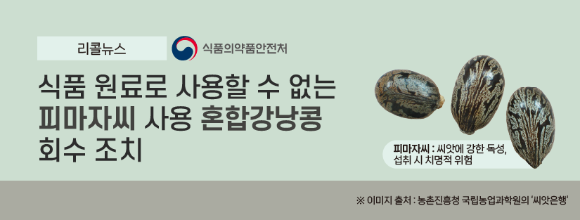리콜뉴스 식품의약품안전처
식품 원료로 사용할 수 없는 피마자씨  사용 혼합강낭콩 회수 조치
피마자씨:씨앗에 강한 독성,섭취 시 치명적 위험
이미지 출처:농촌진흥청 국립농업과학원의 '씨앗은행'
